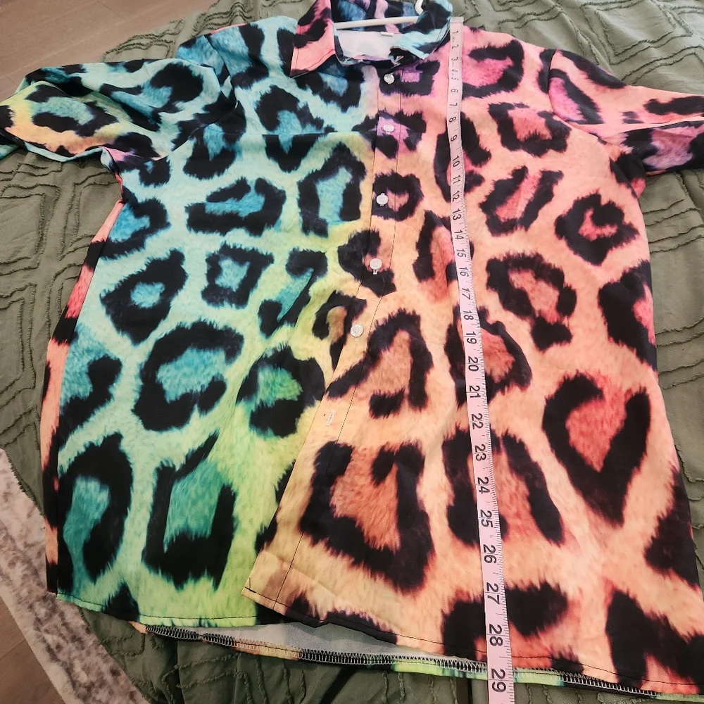 Green, Orange, Blue, & Black Colorful Leopard Print Button-Up Shirt. - Picture 3 of 9